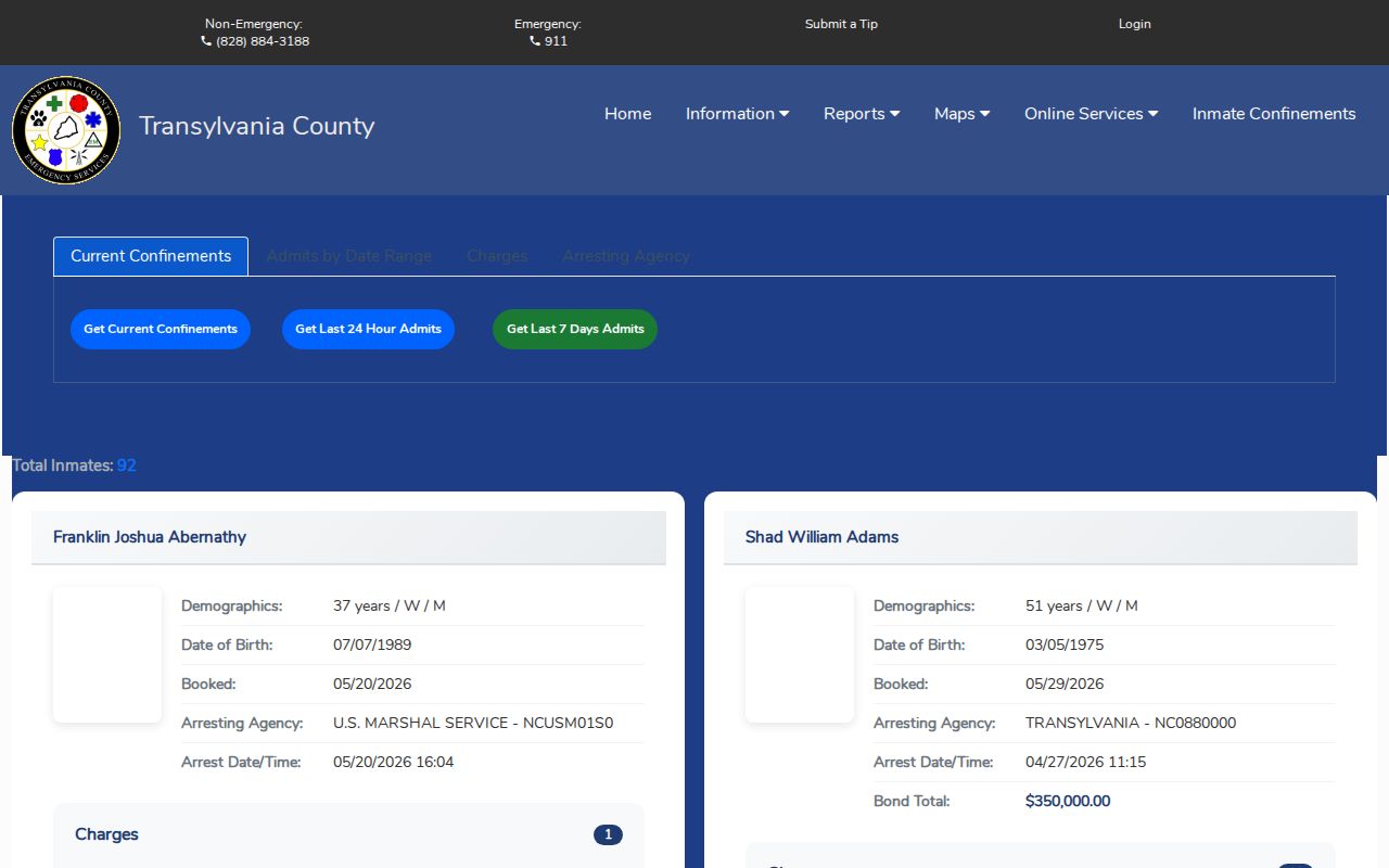 Transylvania County 24 hour arrest and confinement search controls