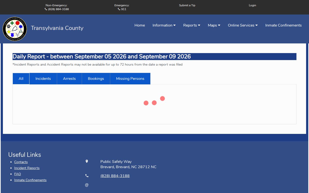 Transylvania County arrest log Daily Report date range and booking tabs