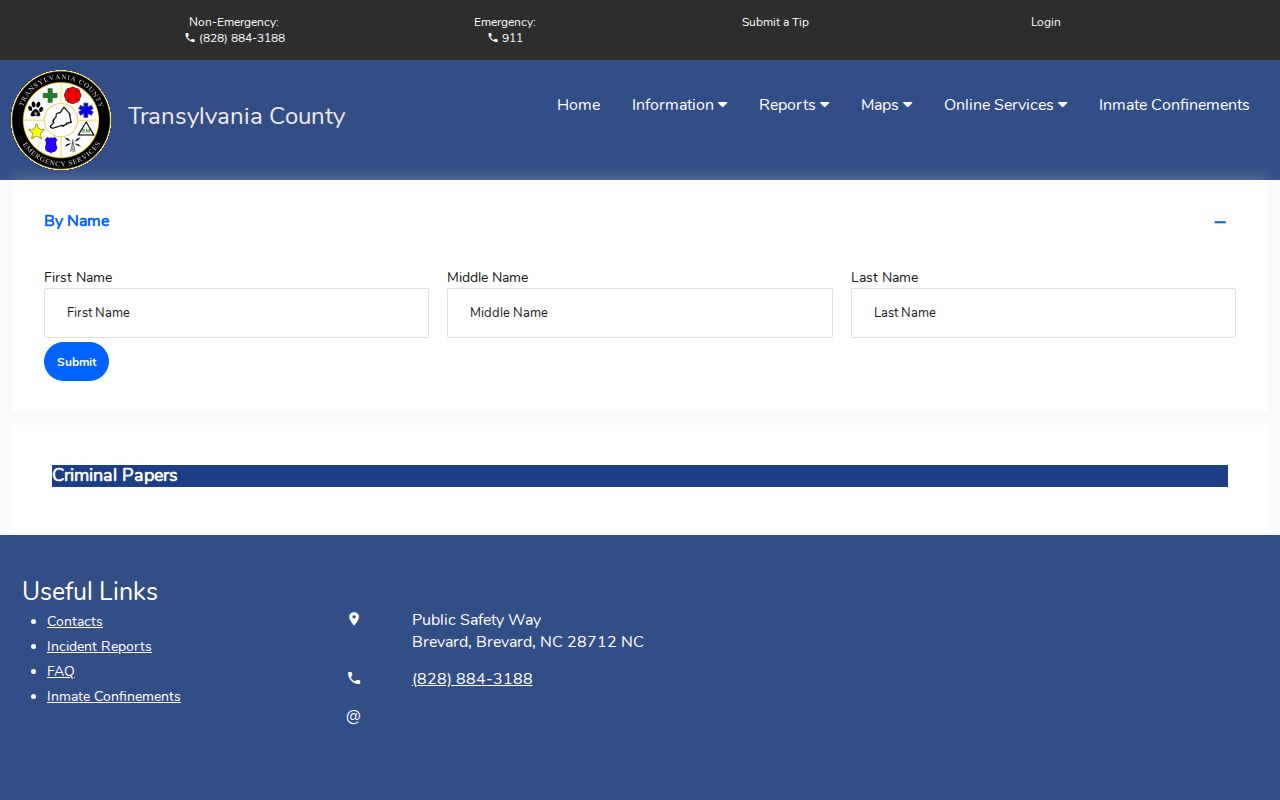 Transylvania County arrest warrant criminal papers name search